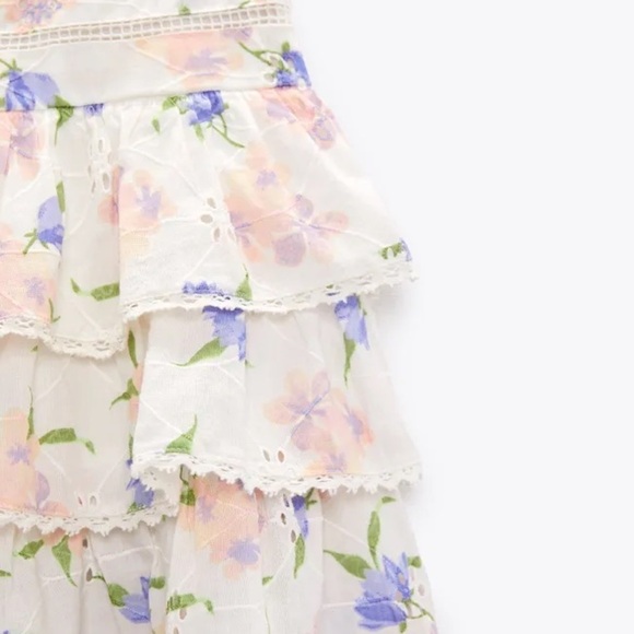NWT Zara Skirt Womens XL Floral Tiered Ruffles Eyelet Lace Boho Cottage Festival - Picture 4 of 15